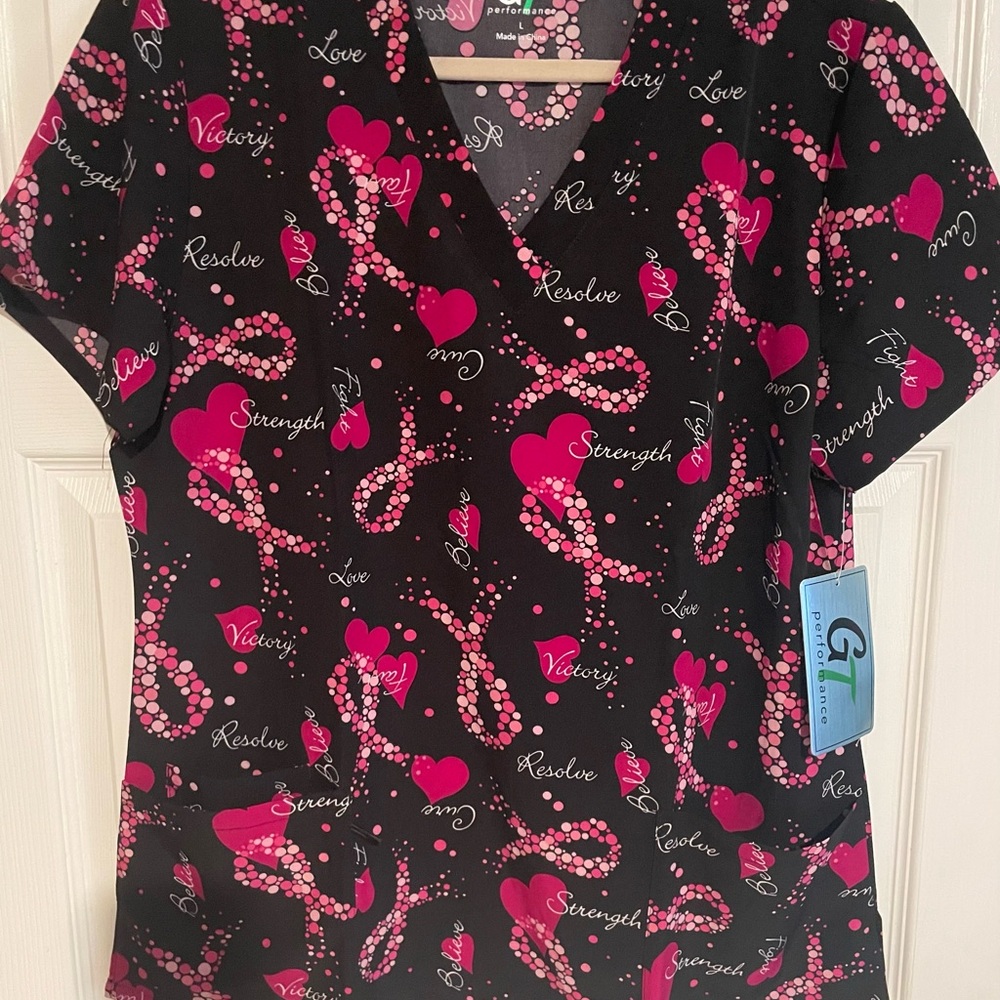 Black and Pink Breast Cancer Scrub Top
